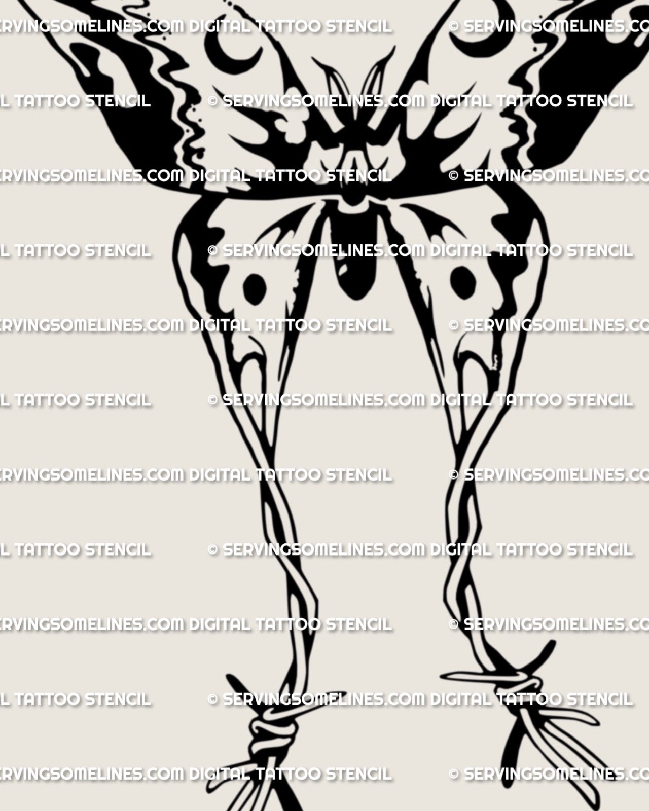 Close-up of barbed wire moth tattoo stencil linework, sharp wire arcs, crescent moon details, clean edges for stencil transfer