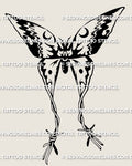 Barbed wire moth tattoo stencil digital download, vertical moth crest with barbed arcs, PNG JPG PDF for stencil printing.