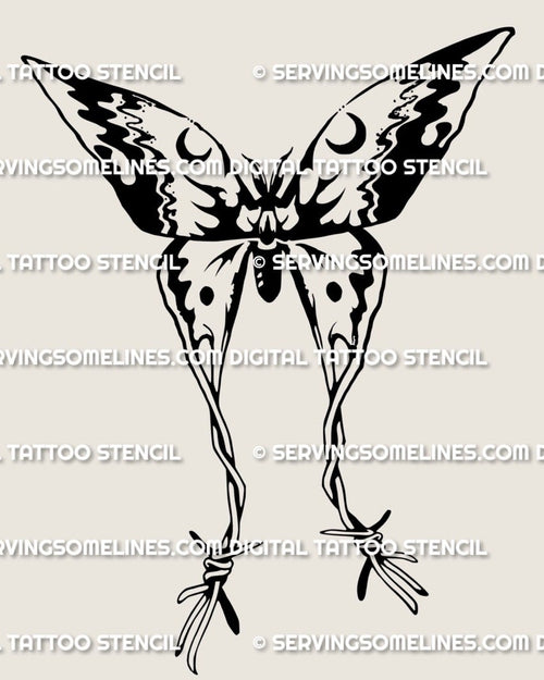 Barbed wire moth tattoo stencil digital download, vertical moth crest with barbed arcs, PNG JPG PDF for stencil printing.