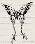 Barbed wire moth tattoo stencil design preview, lunar crescent details, witchy gothic vibe, clean printable linework.