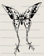 Barbed wire moth tattoo stencil design preview, lunar crescent details, witchy gothic vibe, clean printable linework.