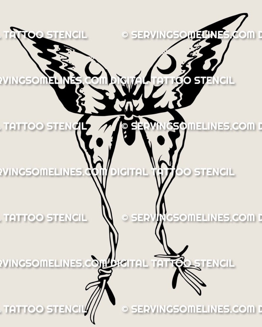 Barbed wire moth tattoo stencil design preview, lunar crescent details, witchy gothic vibe, clean printable linework.