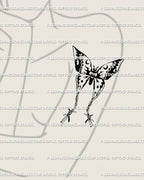 Barbed wire moth tattoo stencil shown on women's arm placement example, lunar crescent accents, crisp black linework, stencil ready download.