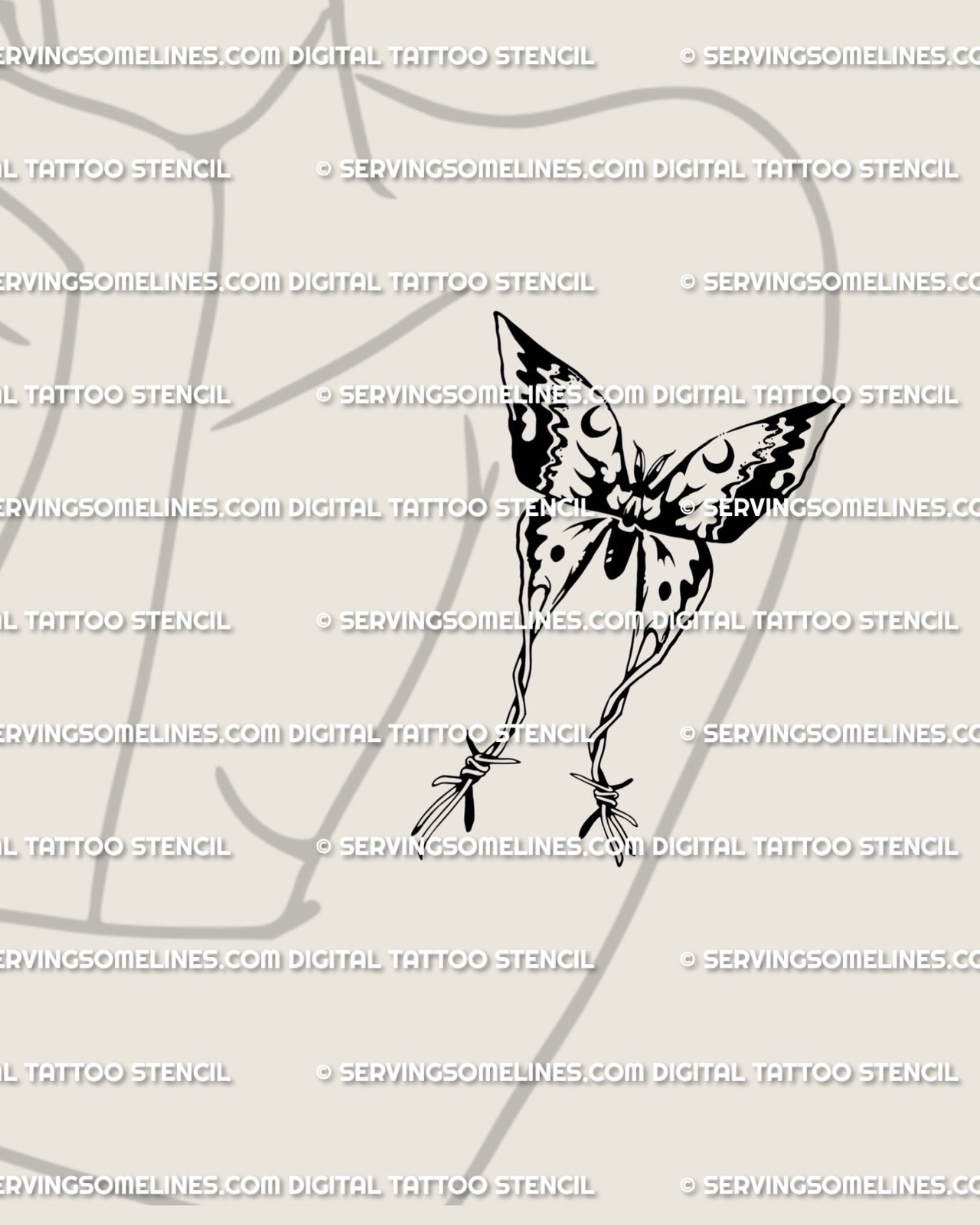 Barbed wire moth tattoo stencil shown on women's arm placement example, lunar crescent accents, crisp black linework, stencil ready download.