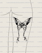 Barbed wire moth tattoo stencil shown on women's back of thigh placement example, vertical emblem shape, lunar crescent accents, clean linework.
