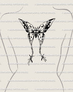 Barbed wire moth tattoo stencil displayed on women's upper back placement example, centered winged crest, lunar crescent details, blackwork style.