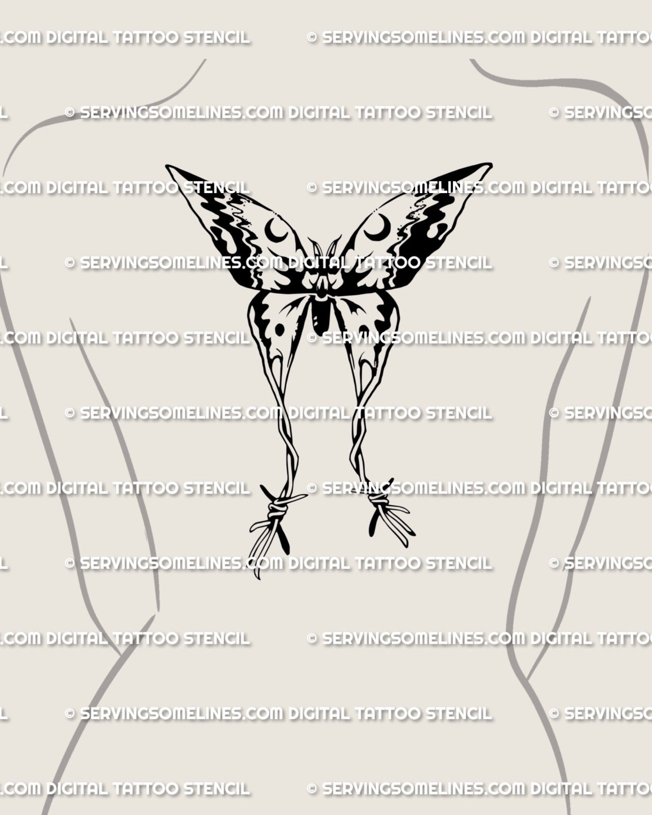 Barbed wire moth tattoo stencil displayed on women's upper back placement example, centered winged crest, lunar crescent details, blackwork style.