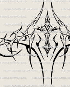 baroque cross underbust tattoo design with ornamental filigree lines and gothic chest framing structure for stencil use
