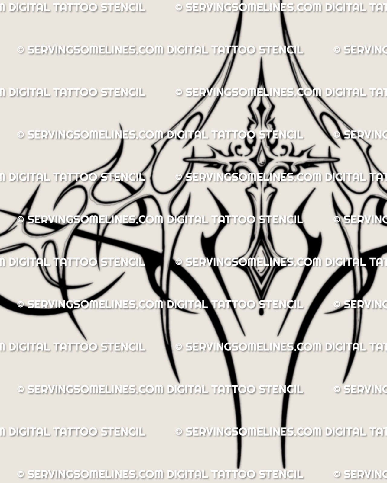 baroque cross underbust tattoo design with ornamental filigree lines and gothic chest framing structure for stencil use