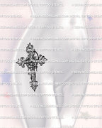 Ornamental baroque cross tattoo shown on womens hip placement with fine filigree curves and clean gothic outline