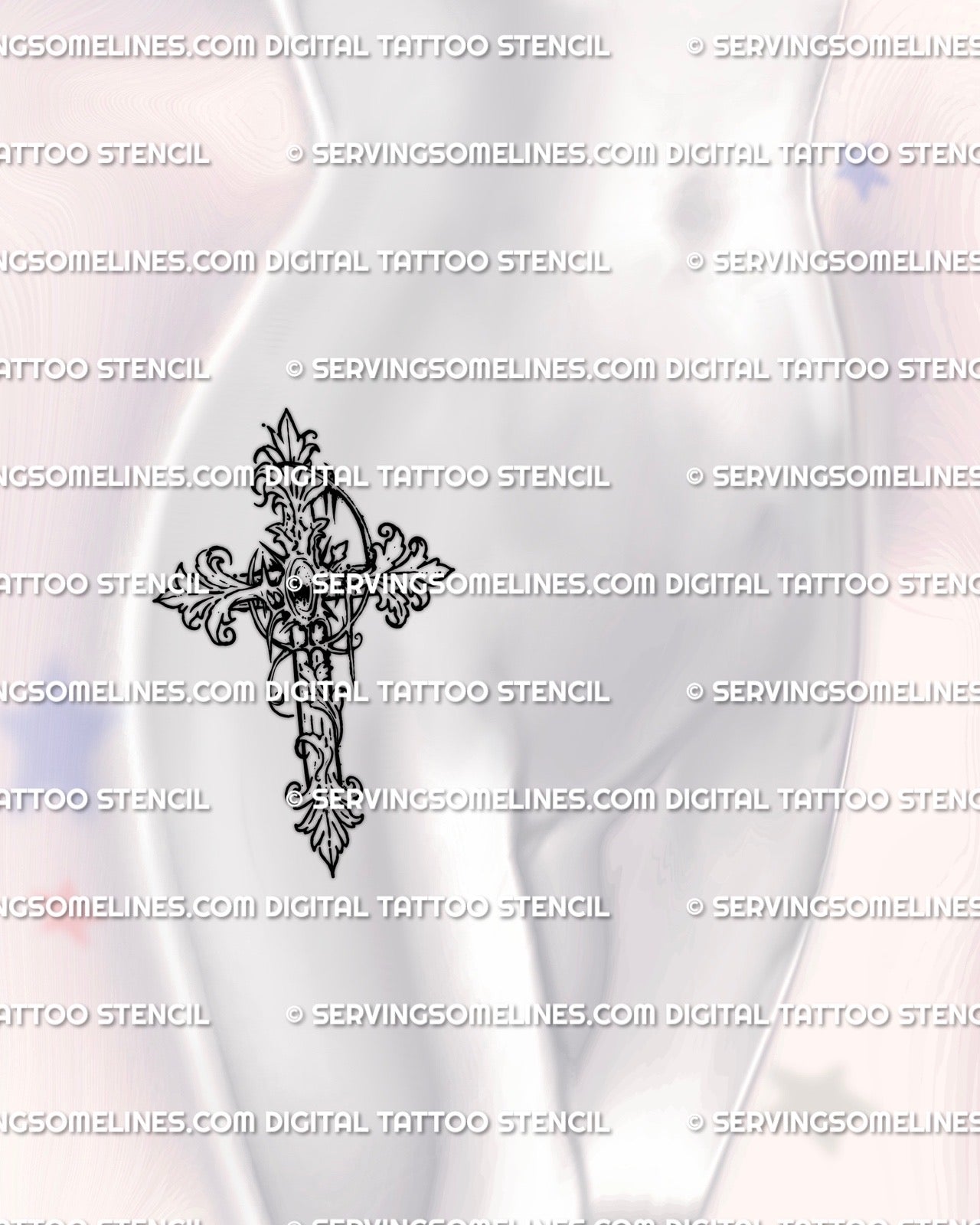 Ornamental baroque cross tattoo shown on womens hip placement with fine filigree curves and clean gothic outline
