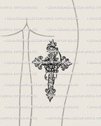 Baroque filigree cross tattoo stencil displayed on womens back thigh with decorative scrollwork and clean gothic outline
