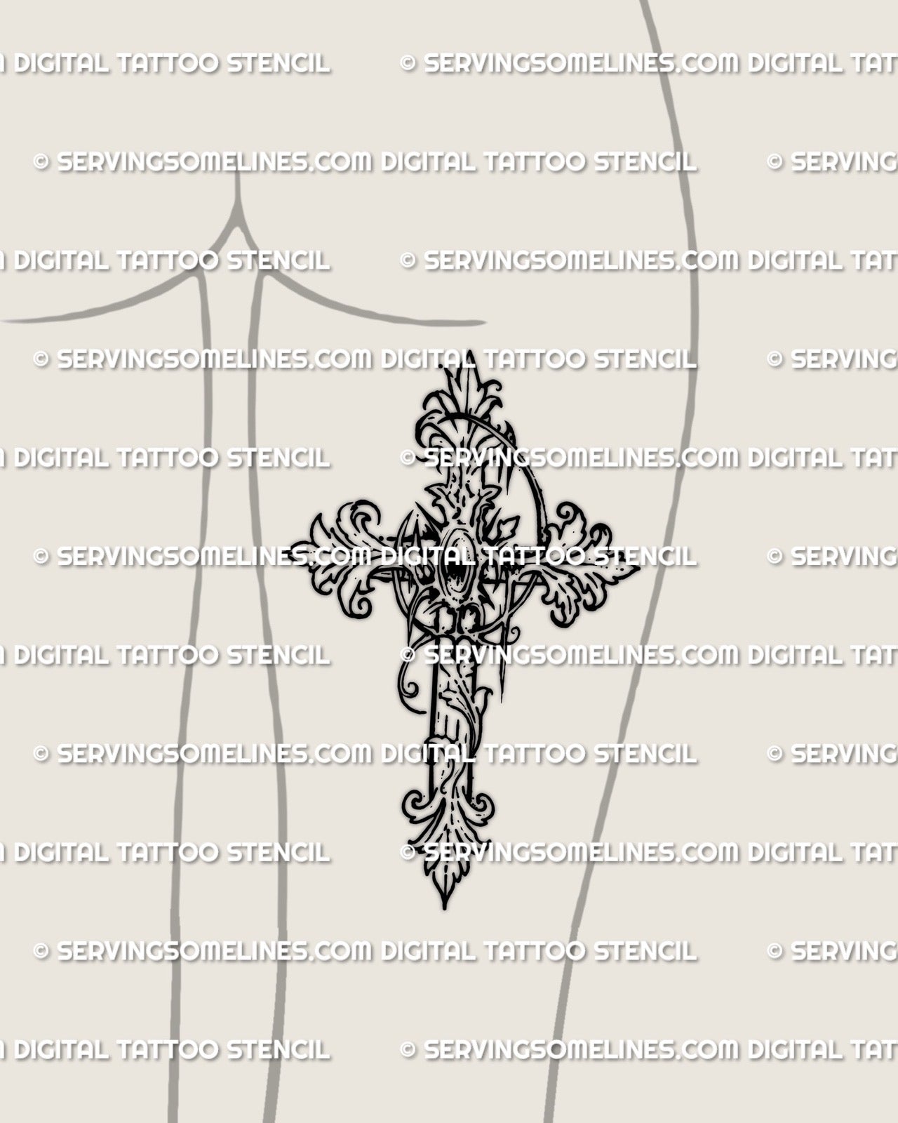 Baroque filigree cross tattoo stencil displayed on womens back thigh with decorative scrollwork and clean gothic outline
