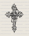 Baroque filigree cross tattoo stencil with ornamental scrolls and gothic detail, hand drawn for clean linework and high resolution design