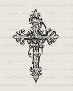 Baroque filigree cross tattoo stencil with ornamental scrolls and gothic detail, hand drawn for clean linework and high resolution design