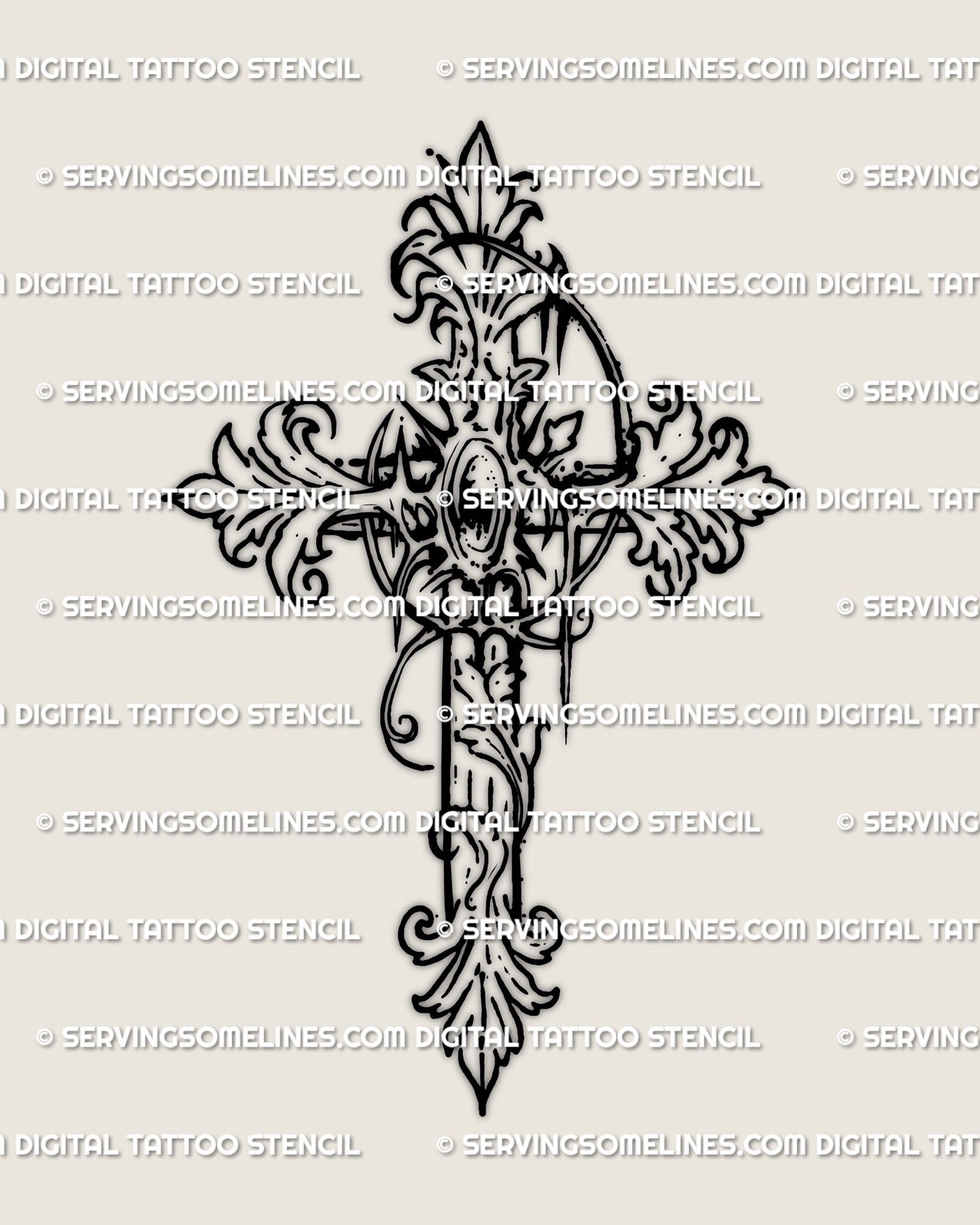 Baroque filigree cross tattoo stencil with ornamental scrolls and gothic detail, hand drawn for clean linework and high resolution design