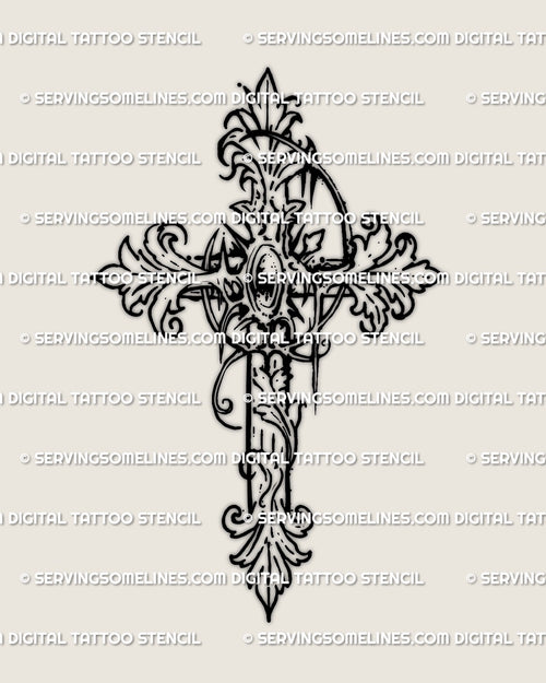 Baroque filigree cross tattoo stencil with ornamental scrolls and gothic detail, hand drawn for clean linework and high resolution design