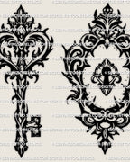 Close view of baroque filigree key and keyhole tattoo stencils, gothic linework with crisp outline detail.