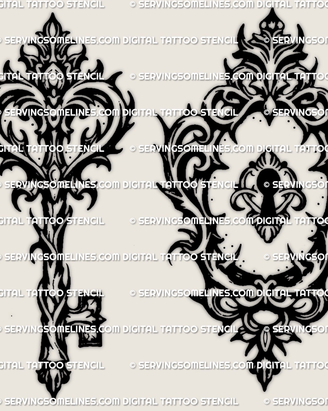 Close view of baroque filigree key and keyhole tattoo stencils, gothic linework with crisp outline detail.