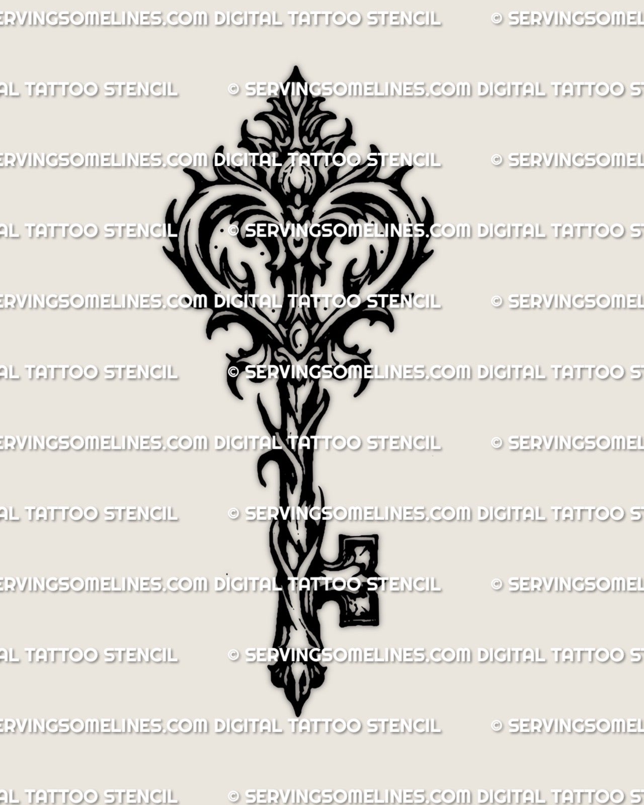 Gothic key tattoo stencil shown alone, baroque filigree head and clean shaft for wrist, forearm, or ankle.