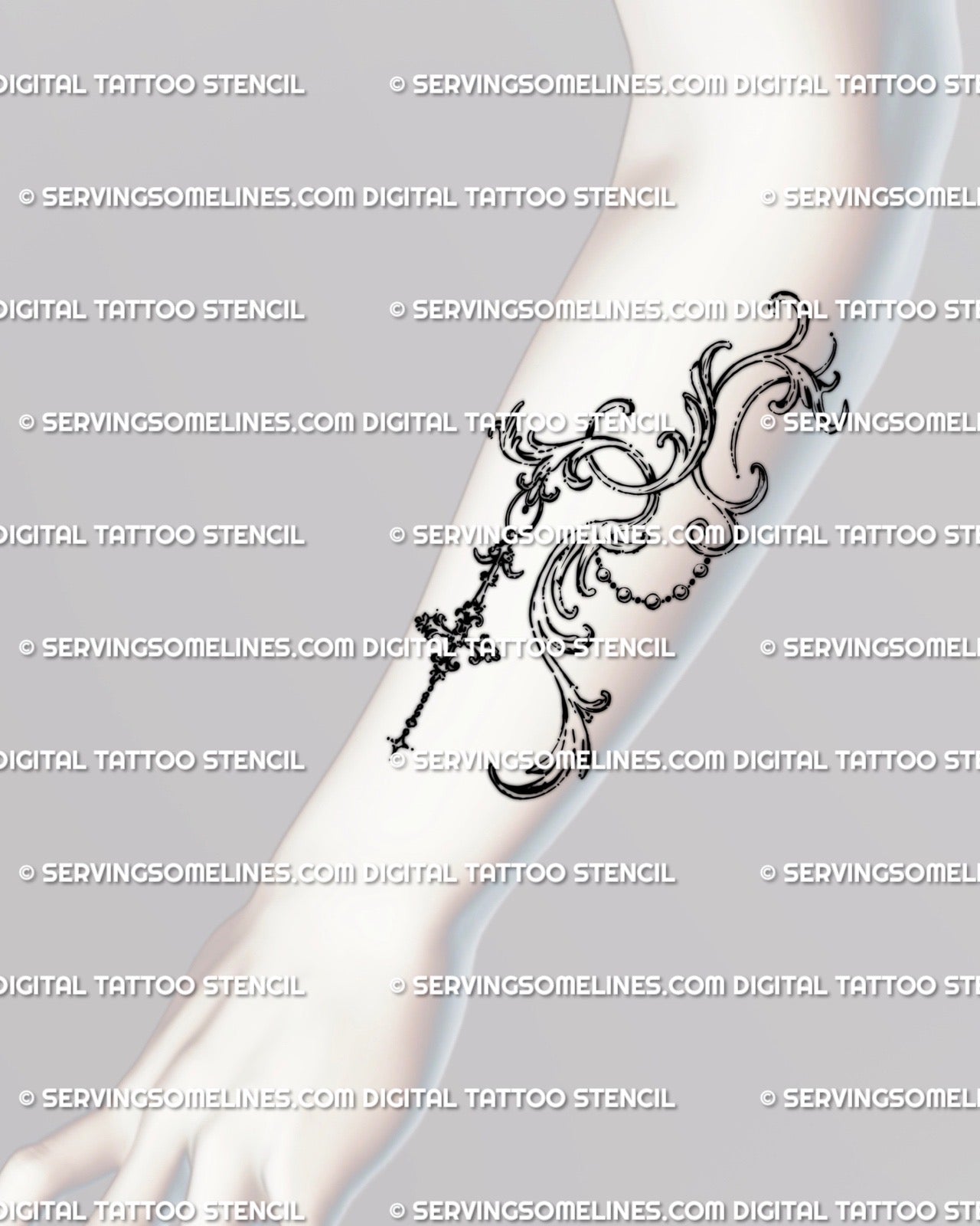 Elegant baroque filigree tattoo stencil displayed on the forearm, showing pendant-inspired gothic blackwork line art pattern. 