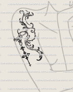 Displayed on a woman’s arm and shoulder, this digital tattoo stencil shows a gothic baroque filigree design with pendant-style flow.