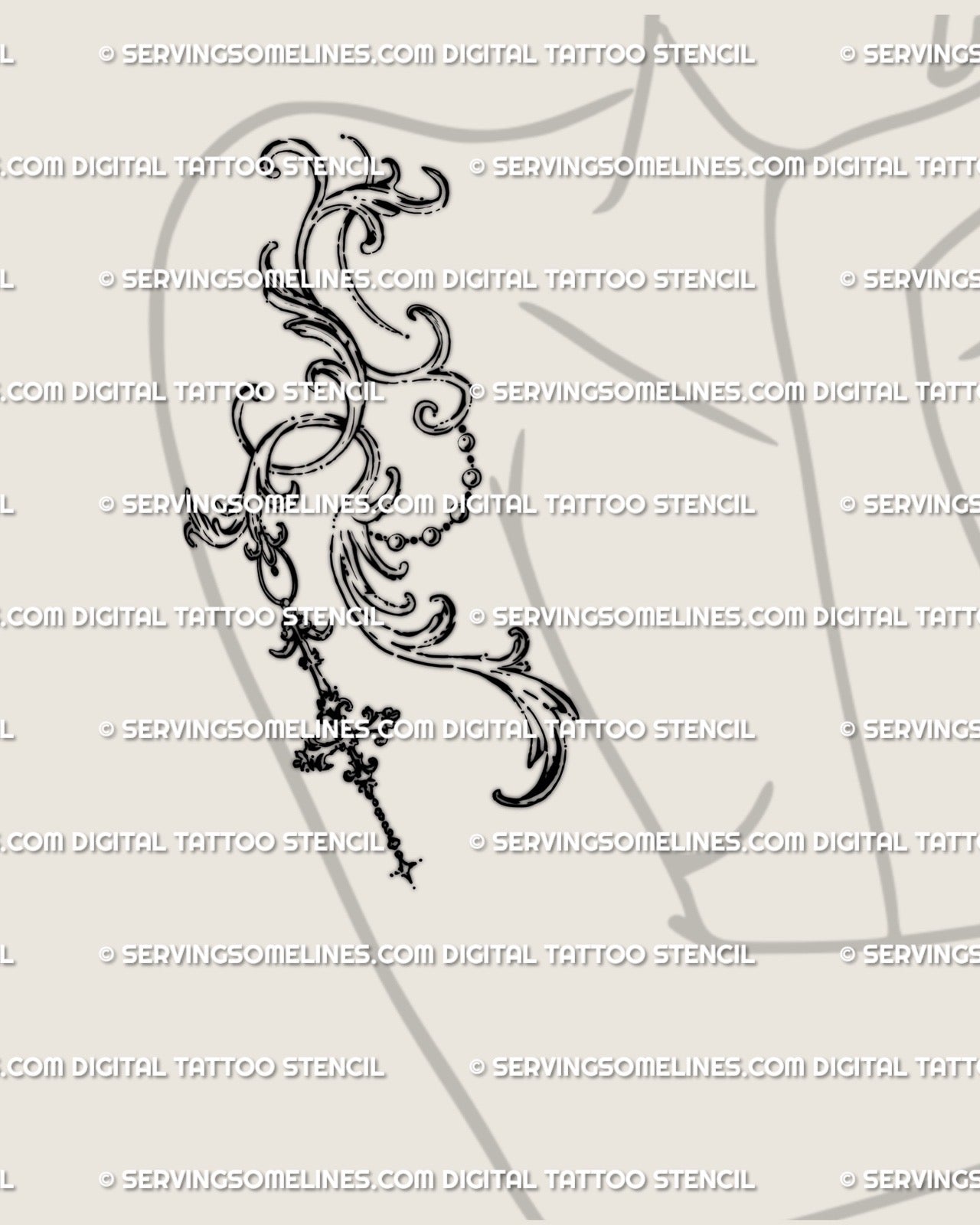Displayed on a woman’s arm and shoulder, this digital tattoo stencil shows a gothic baroque filigree design with pendant-style flow.