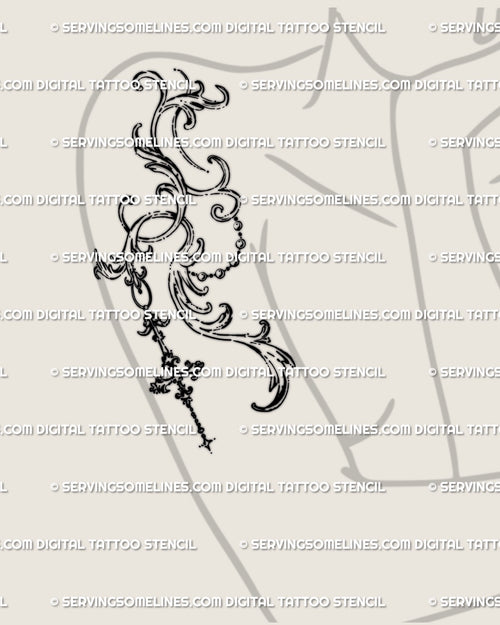 Displayed on a woman’s arm and shoulder, this digital tattoo stencil shows a gothic baroque filigree design with pendant-style flow.