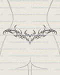 Decorative baroque heart wings tattoo stencil displayed on lower back, elegant cybersigilism tramp stamp line art design. 