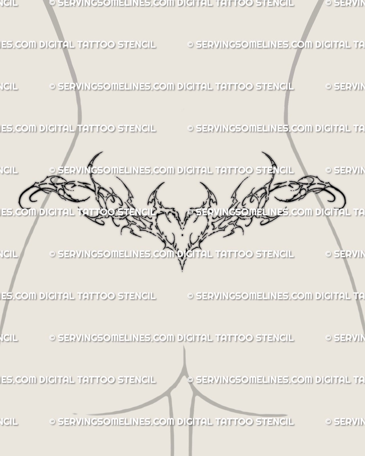 Decorative baroque heart wings tattoo stencil displayed on lower back, elegant cybersigilism tramp stamp line art design. 