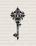 Baroque key tattoo stencil with damask crown, bold black accents, and gothic scrollwork, isolated vertical antique key design.