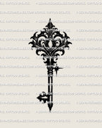 Baroque key tattoo stencil with damask crown, bold black accents, and gothic scrollwork, isolated vertical antique key design.