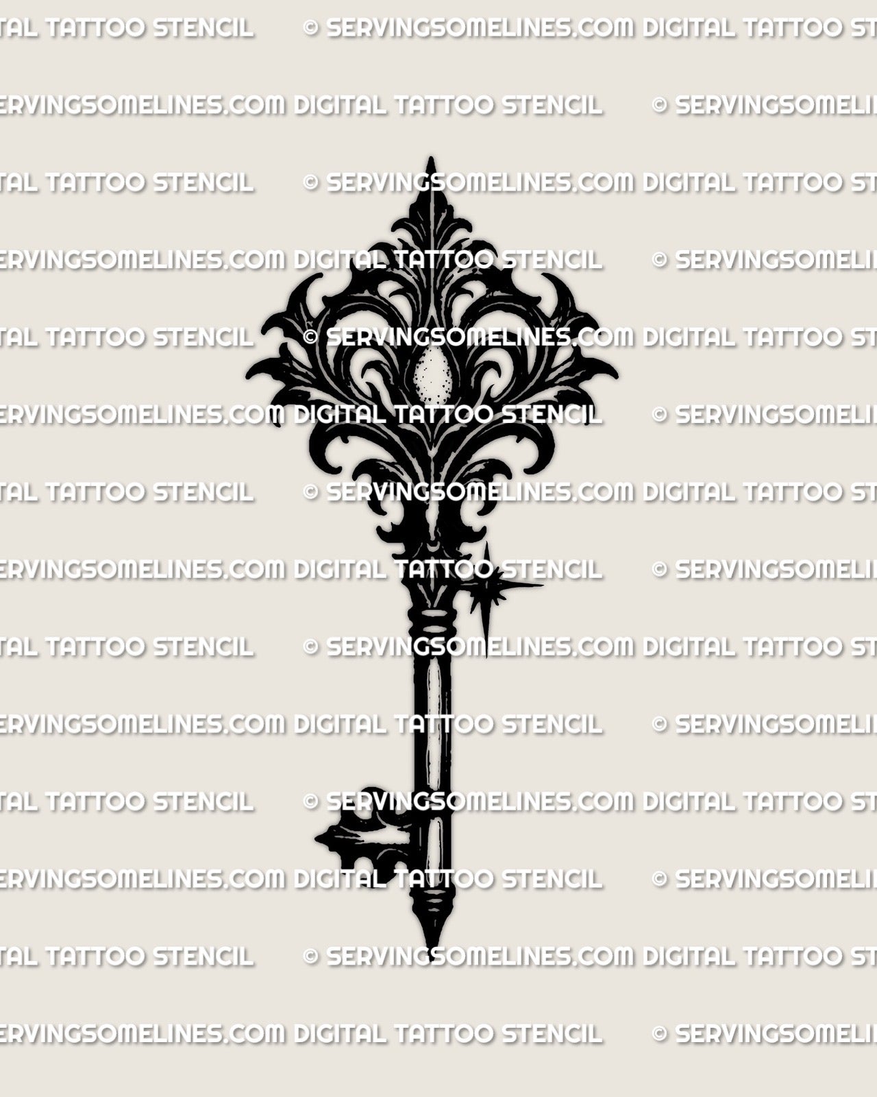 Baroque key tattoo stencil with damask crown, bold black accents, and gothic scrollwork, isolated vertical antique key design.