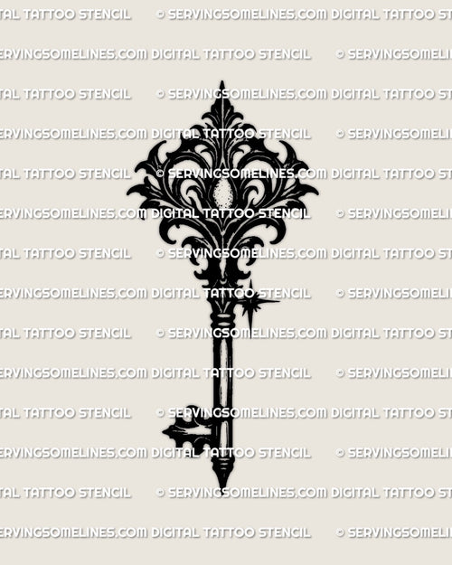 Baroque key tattoo stencil with damask crown, bold black accents, and gothic scrollwork, isolated vertical antique key design.