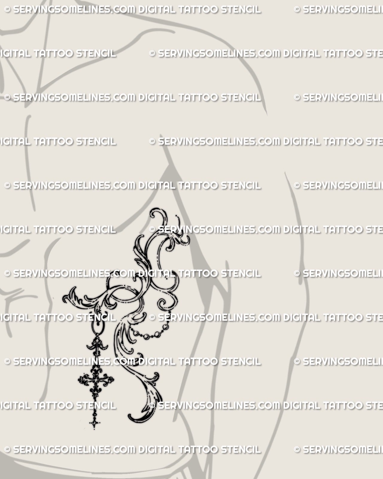 Displayed on a man’s side ribs and stomach area, this digital baroque tattoo stencil features detailed gothic filigree linework. 