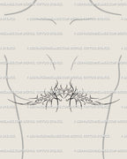 Baroque cyber tribal underboob tattoo stencil placed under the breast, ornamental heart design blending feminine gothic and neotribal flow.