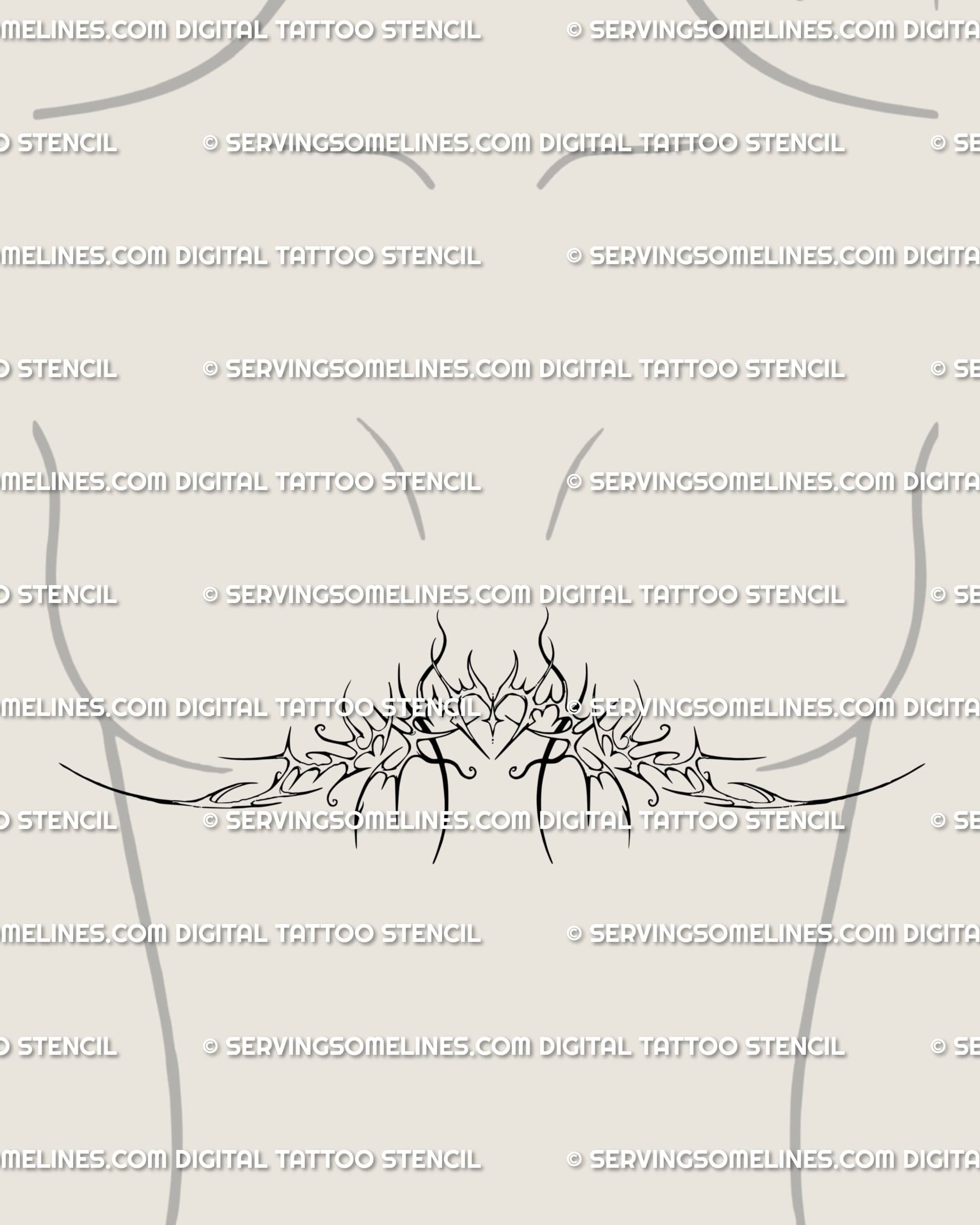 Baroque cyber tribal underboob tattoo stencil placed under the breast, ornamental heart design blending feminine gothic and neotribal flow.