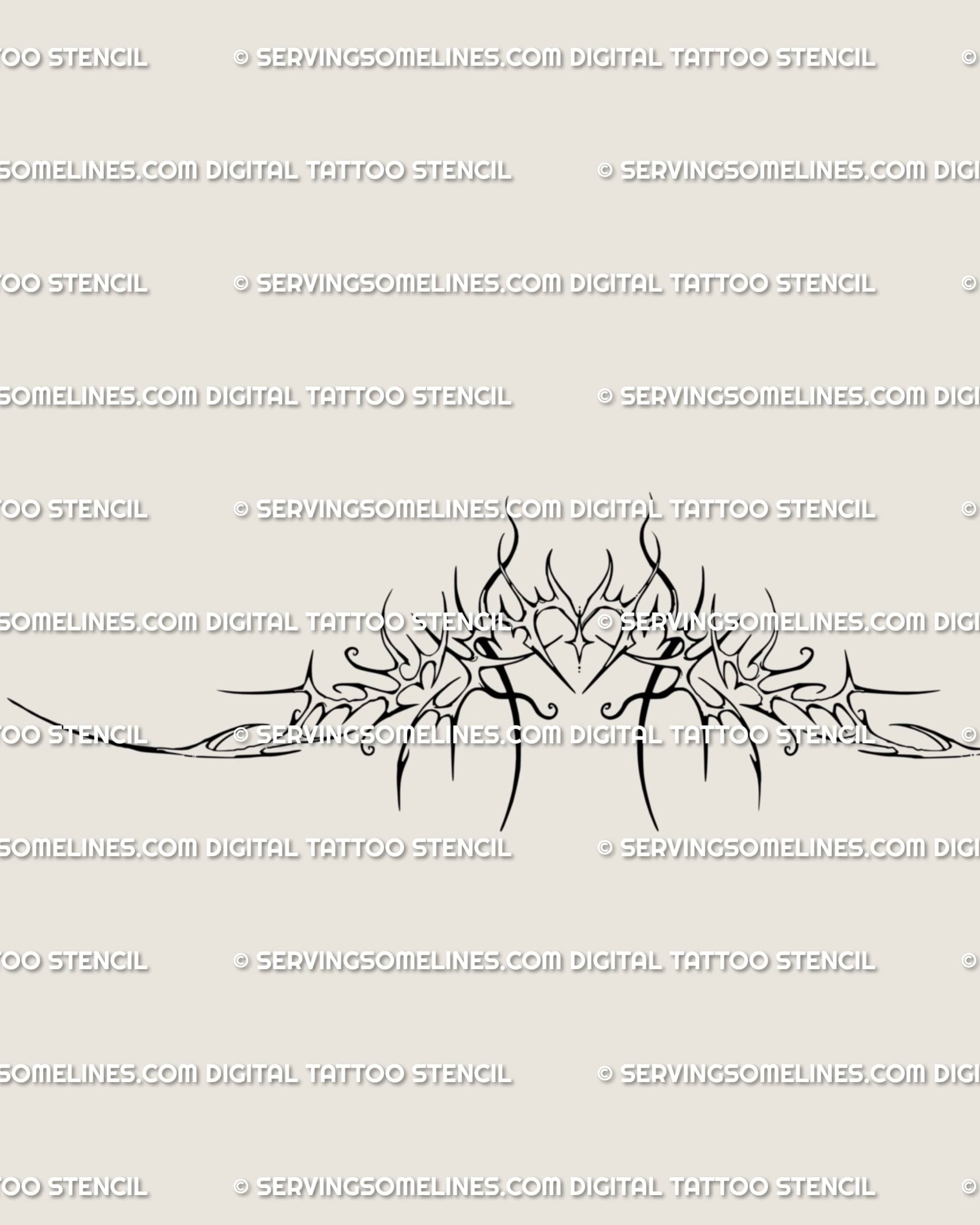 Feminine baroque underboob tattoo stencil in cyber tribal and ornamental neotribal style, centered heart design with elegant gothic detail.