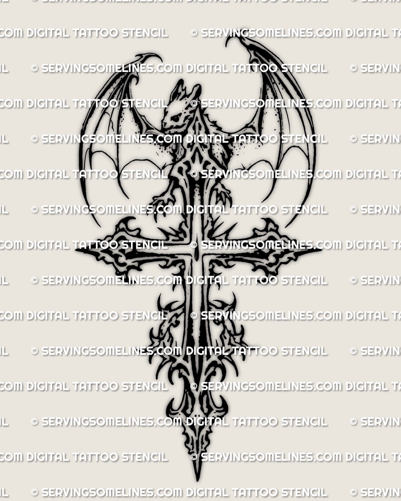 Gothic bat cross stencil, ornamental cross with bat wings, digital tattoo stencil file for chest or forearm