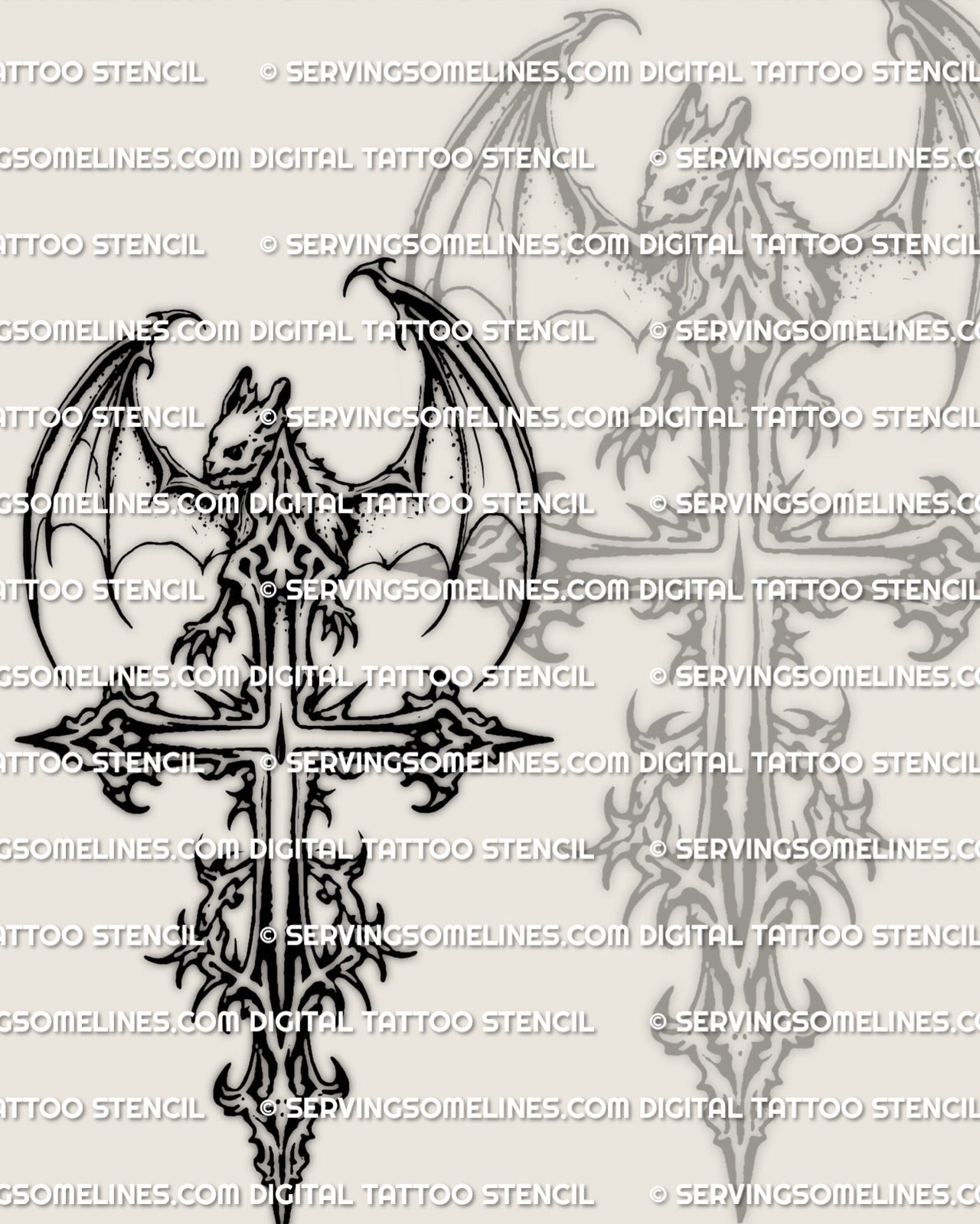 Bat cross tattoo stencil file, winged bat over ornate cross design, printable PNG JPG PDF, instant download