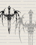 Dagger with bat wings tattoo stencil, bat wing style wings at the guard, sharp curves, high-res PNG for stencil use.