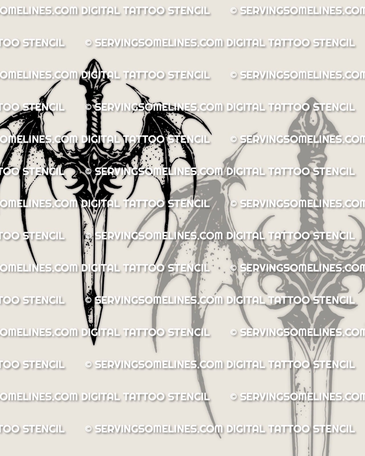 Dagger with bat wings tattoo stencil, bat wing style wings at the guard, sharp curves, high-res PNG for stencil use.