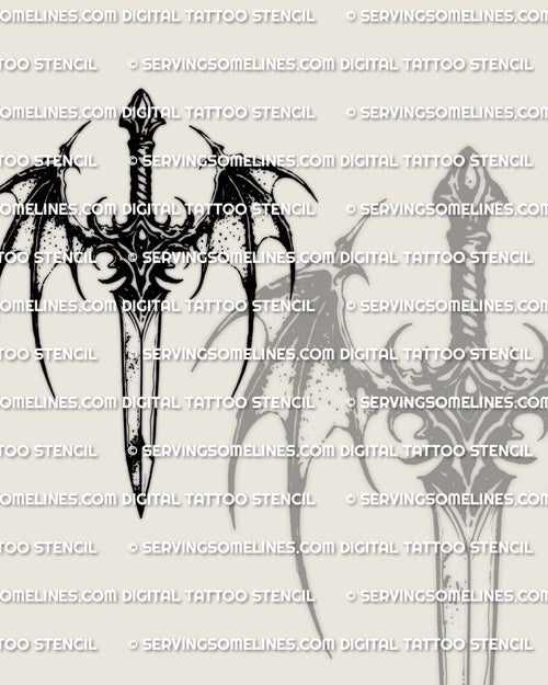 Dagger with bat wings tattoo stencil, bat wing style wings at the guard, sharp curves, high-res PNG for stencil use.
