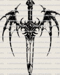 Bat wing dagger tattoo stencil, long dagger with membrane bat wings, hooked tips, clean dark linework, printable file.