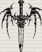 Bat wing dagger tattoo stencil, long dagger with membrane bat wings, hooked tips, clean dark linework, printable file.
