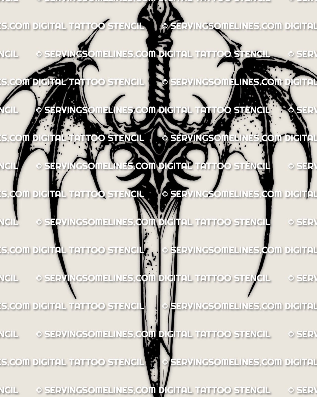 Bat wing dagger tattoo stencil, long dagger with membrane bat wings, hooked tips, clean dark linework, printable file.