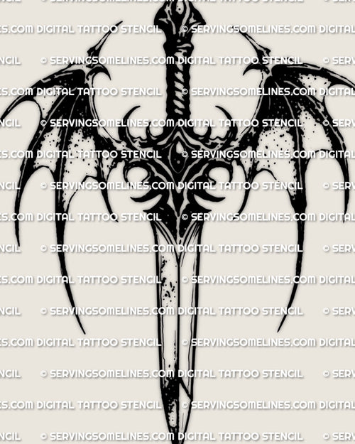 Bat wing dagger tattoo stencil, long dagger with membrane bat wings, hooked tips, clean dark linework, printable file.