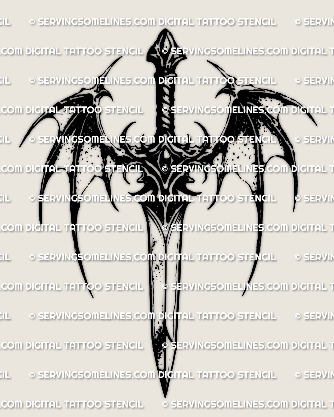Bat wings dagger tattoo design, devil wing dagger tattoo vibe with pointed membrane wings and slim blade, digital download.