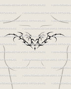 bat wing heart chestpiece tattoo stencil placed along womens collarbone giving a wide dramatic shape that follows the upper chest line