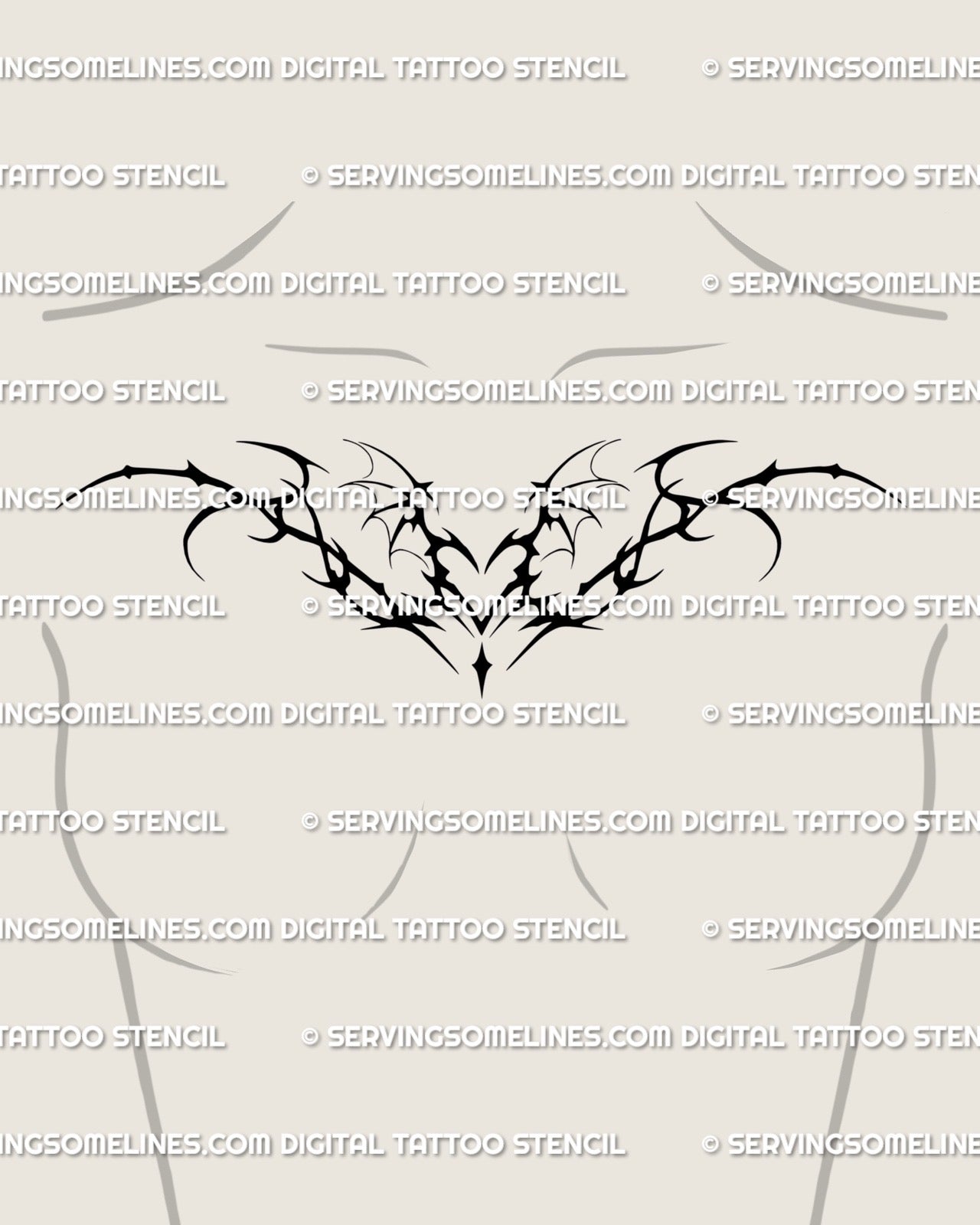 bat wing heart chestpiece tattoo stencil placed along womens collarbone giving a wide dramatic shape that follows the upper chest line
